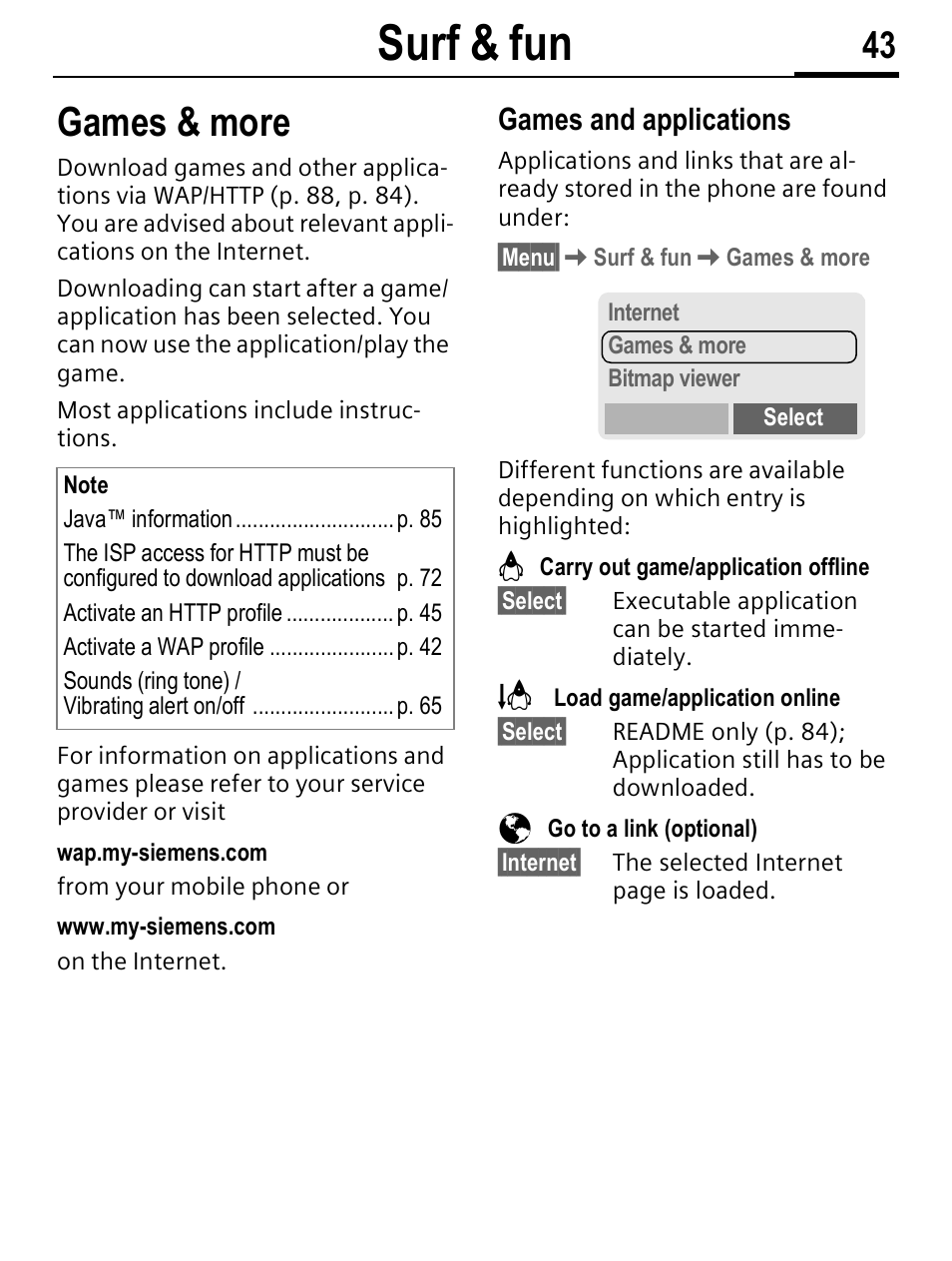 Surf & fun, Games & more, Games and applications | Siemens C56 User Manual | Page 44 / 114