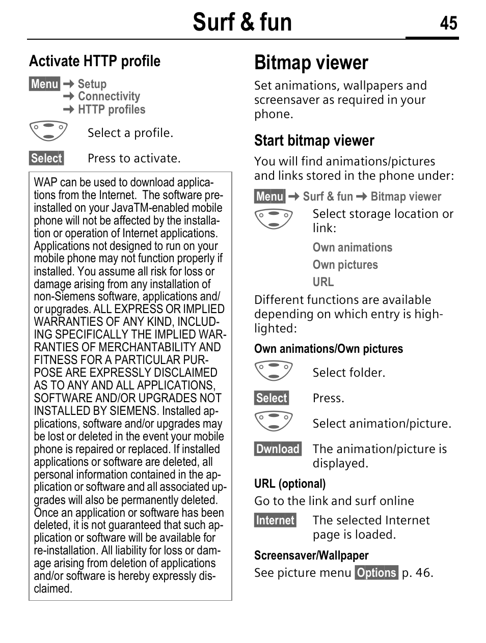 Surf & fun, Bitmap viewer, Start bitmap viewer | Siemens C56 User Manual | Page 46 / 114