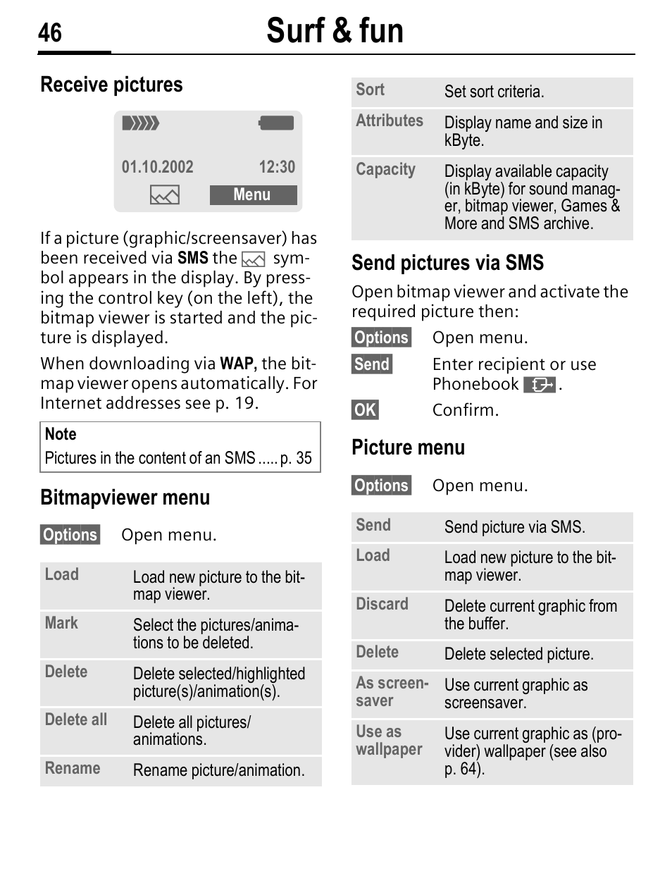 Surf & fun, Receive pictures, Bitmapviewer menu | Send pictures via sms, Picture menu | Siemens C56 User Manual | Page 47 / 114