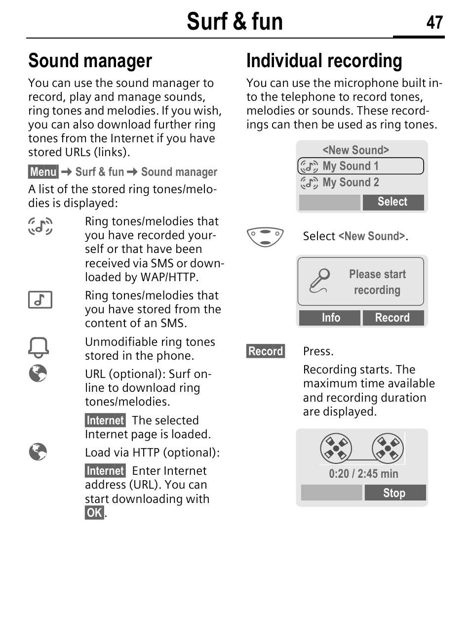 Surf & fun, Sound manager, Individual recording | Siemens C56 User Manual | Page 48 / 114