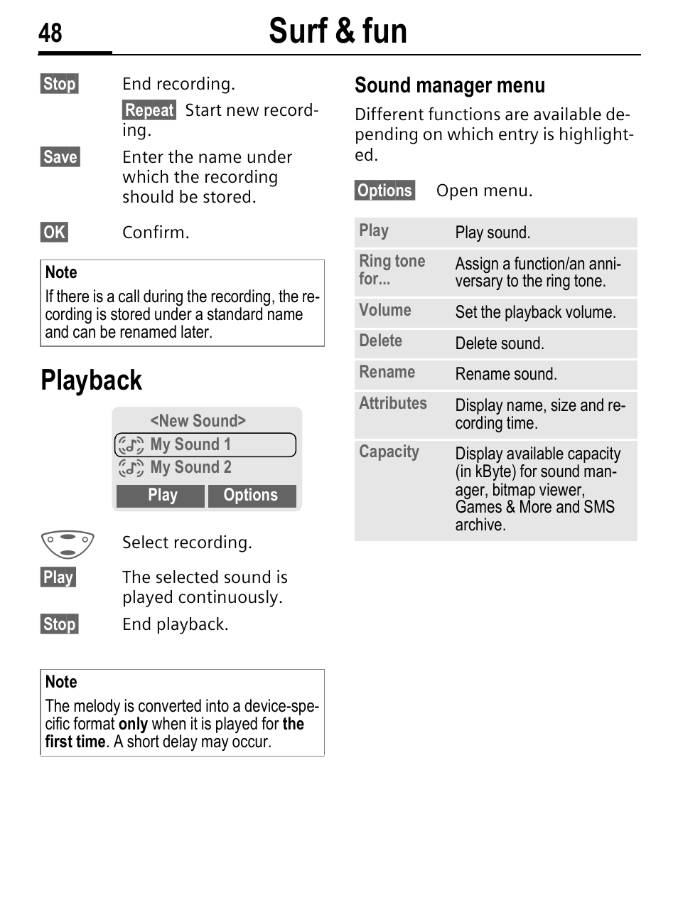 Surf & fun, Playback, Sound manager menu | Siemens C56 User Manual | Page 49 / 114