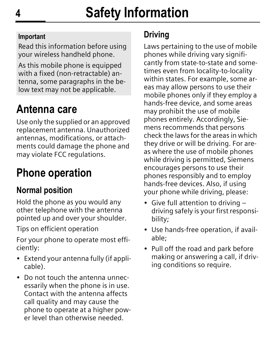 Safety information, Antenna care, Phone operation | Normal position, Driving | Siemens C56 User Manual | Page 5 / 114