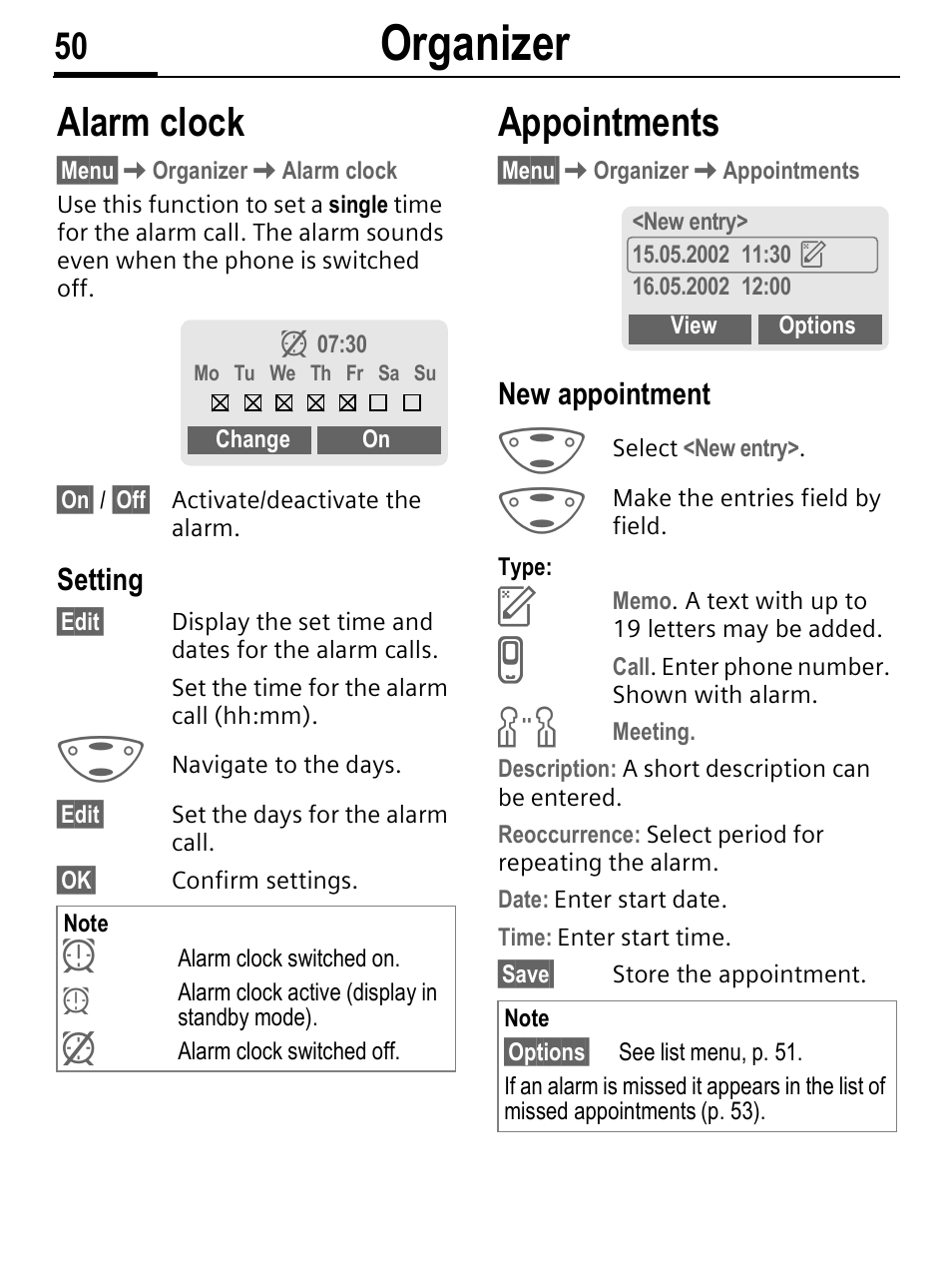 Organizer, Alarm clock, Appointments | Siemens C56 User Manual | Page 51 / 114