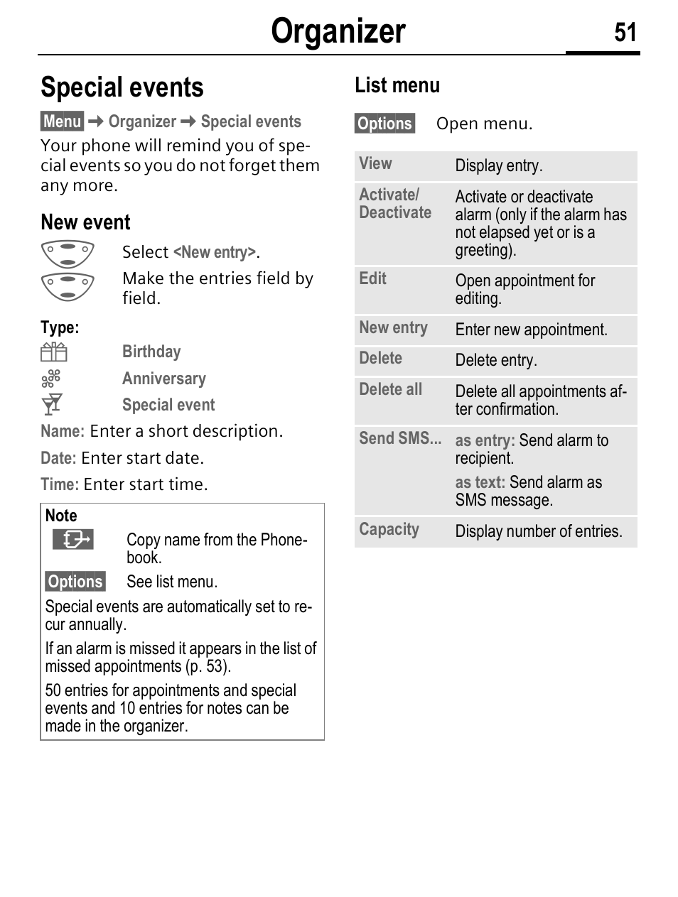 Organizer, Special events, New event | List menu | Siemens C56 User Manual | Page 52 / 114