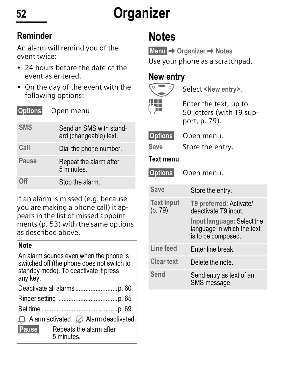 Organizer, Reminder, New entry | Siemens C56 User Manual | Page 53 / 114