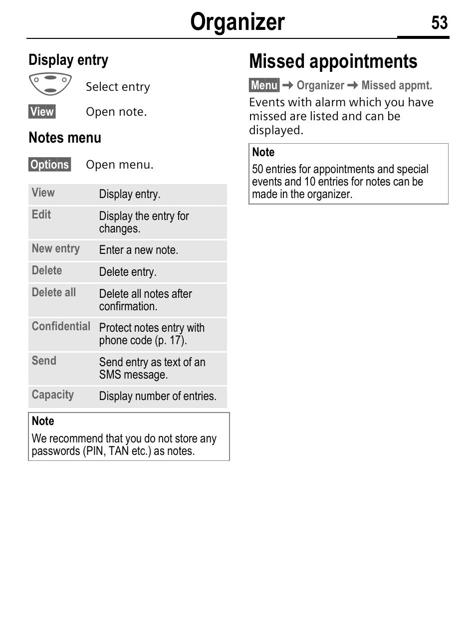 Organizer, Missed appointments, Display entry | Siemens C56 User Manual | Page 54 / 114