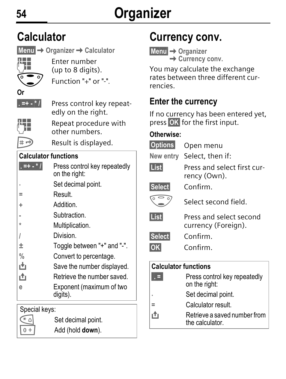 Organizer, Calculator, Currency conv | Siemens C56 User Manual | Page 55 / 114