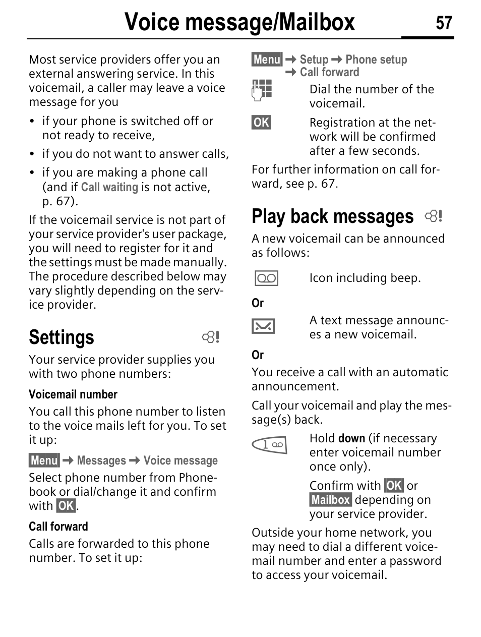 Voice message/mailbox, Settings, Play back messages | Siemens C56 User Manual | Page 58 / 114