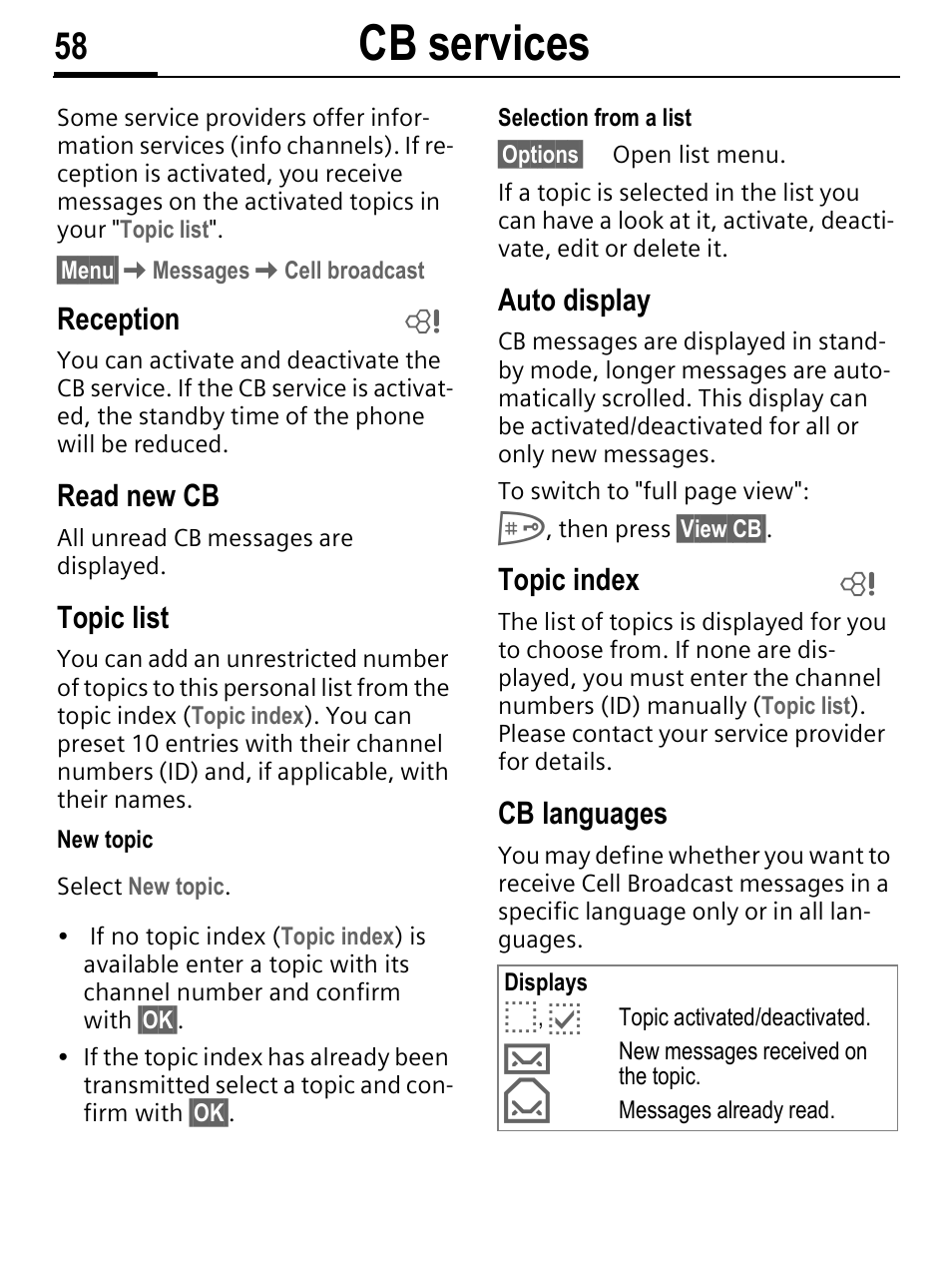 Cb services, Reception, Read new cb | Topic list, Auto display, Topic index, Cb languages | Siemens C56 User Manual | Page 59 / 114