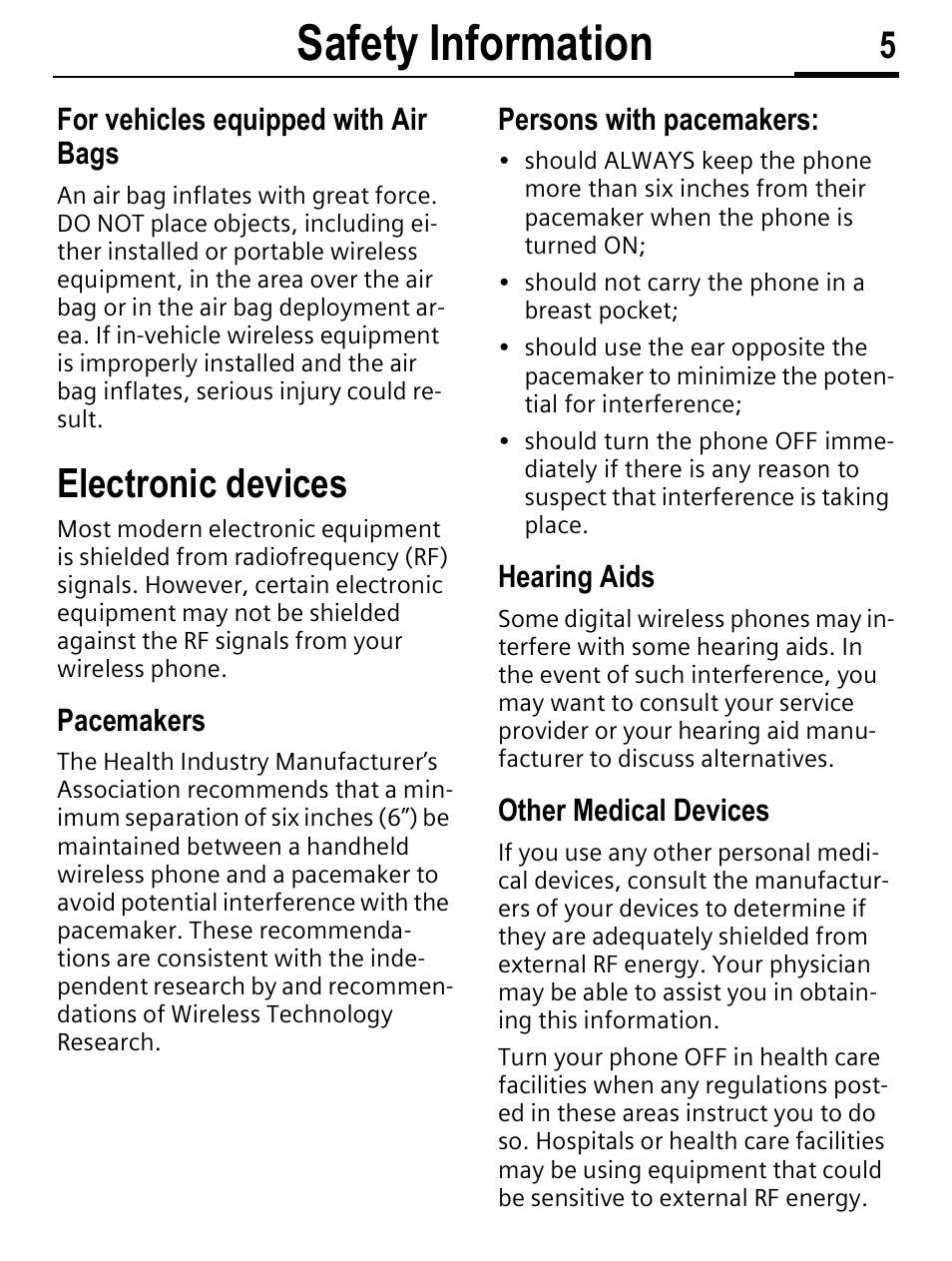 Safety information, Electronic devices, For vehicles equipped with air bags | Pacemakers, Persons with pacemakers, Hearing aids, Other medical devices | Siemens C56 User Manual | Page 6 / 114