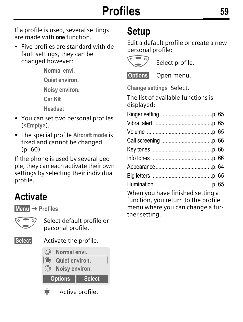 Profiles, Activate, Setup | Siemens C56 User Manual | Page 60 / 114