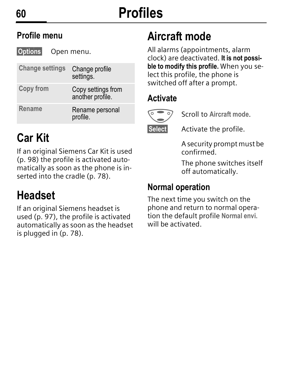 Profiles, Car kit, Headset | Aircraft mode | Siemens C56 User Manual | Page 61 / 114