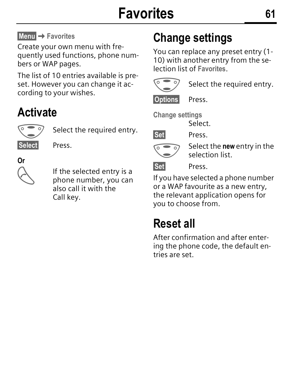 Favorites, Activate, Change settings | Reset all | Siemens C56 User Manual | Page 62 / 114