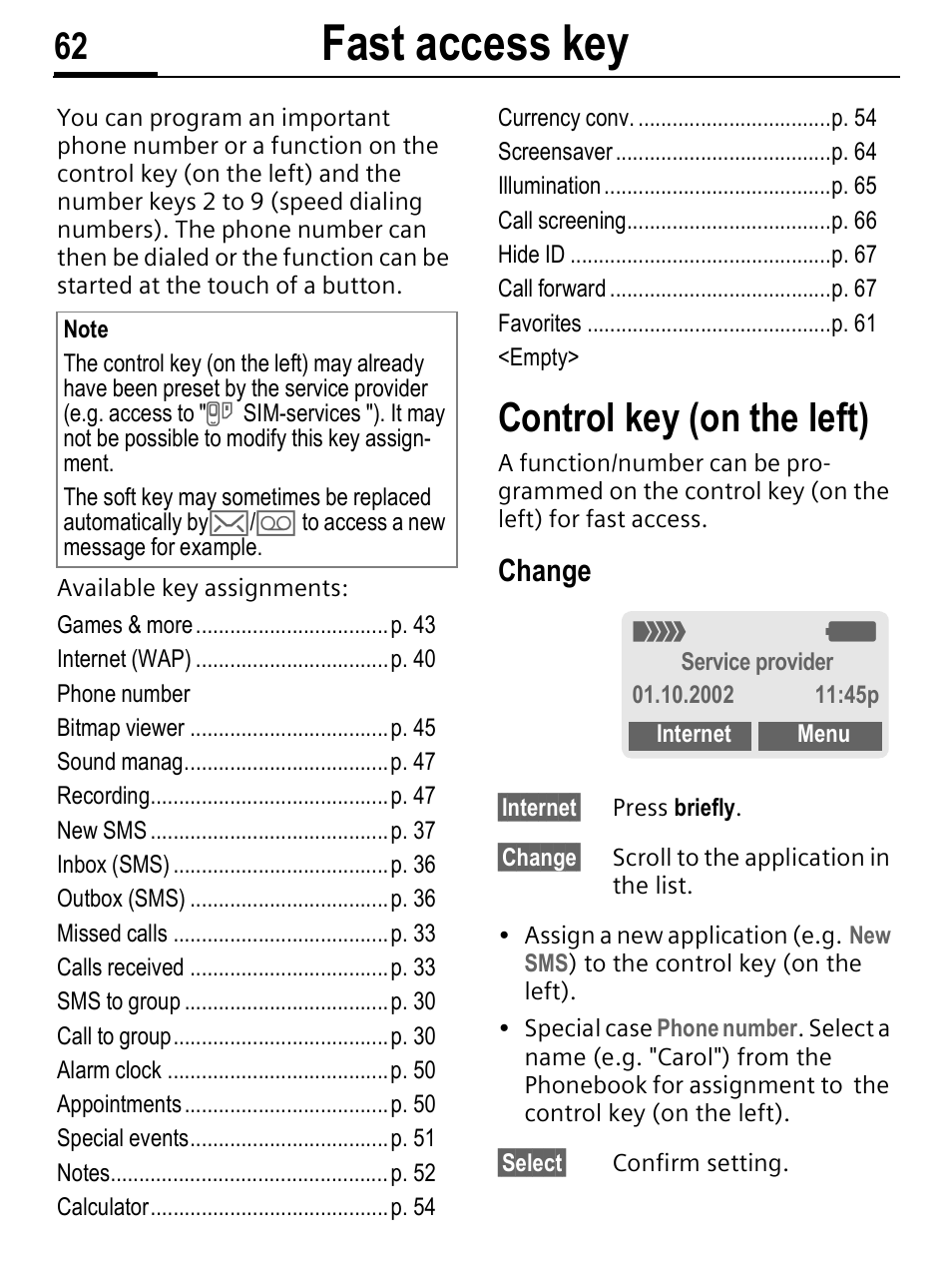 Fast access key, Control key (on the left), Change | Siemens C56 User Manual | Page 63 / 114