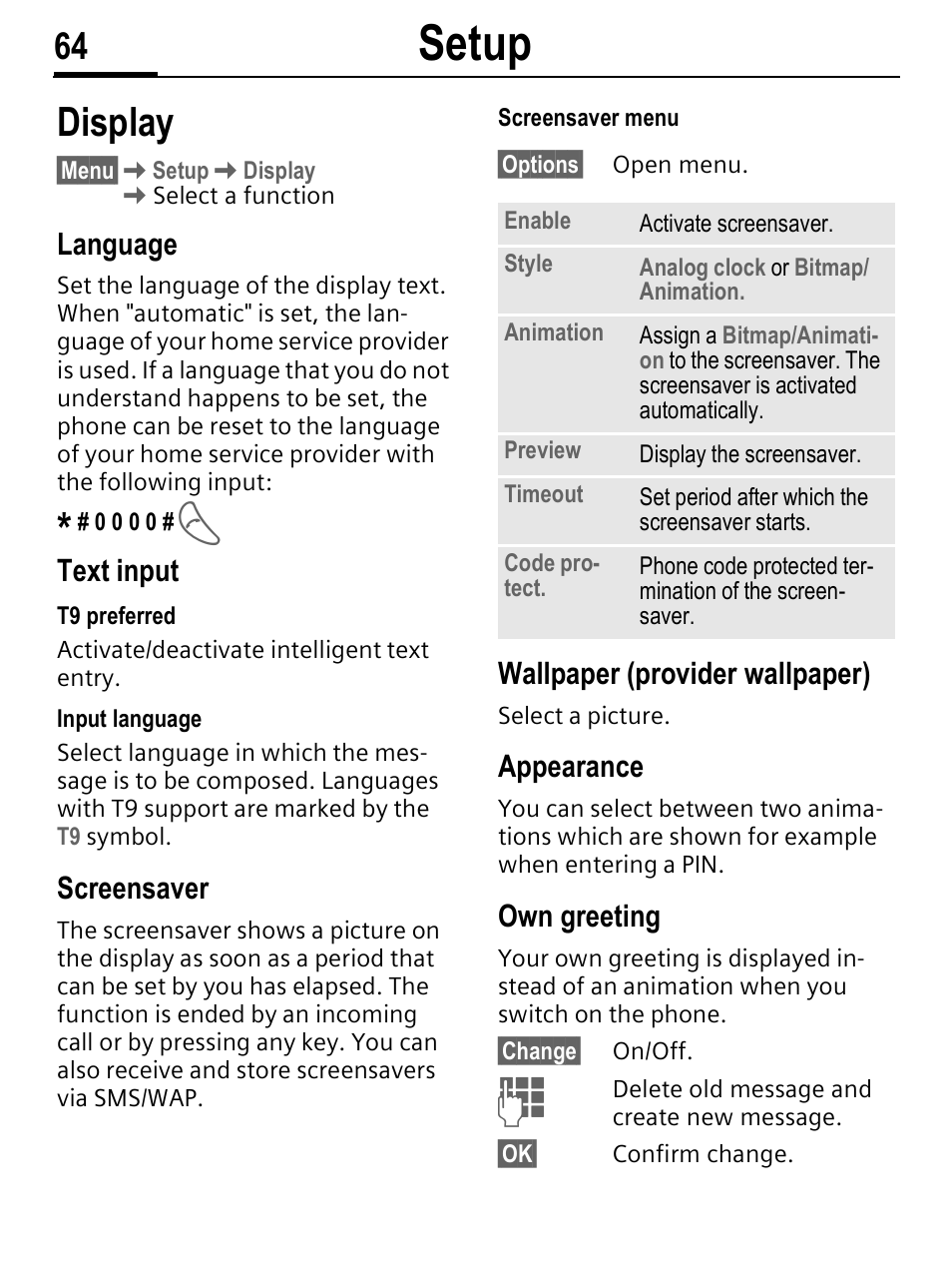 Setup, Display, Language | Text input, Screensaver, Wallpaper (provider wallpaper), Appearance, Own greeting | Siemens C56 User Manual | Page 65 / 114