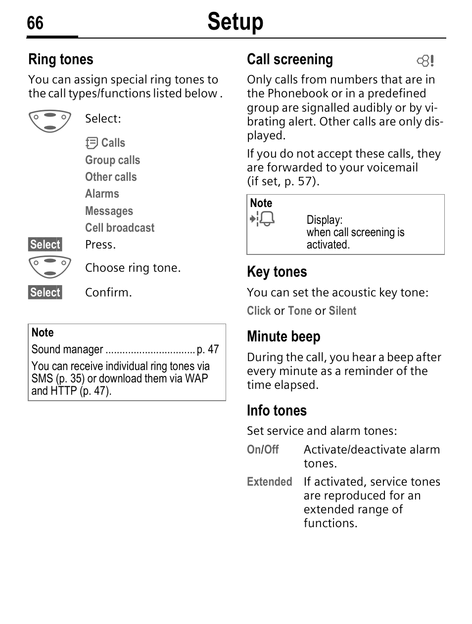 Setup, Ring tones, Call screening | Key tones, Minute beep, Info tones | Siemens C56 User Manual | Page 67 / 114