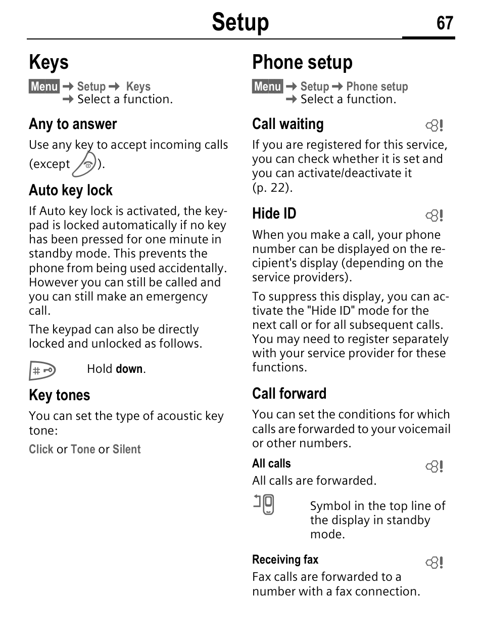 Setup, Keys, Phone setup | Siemens C56 User Manual | Page 68 / 114