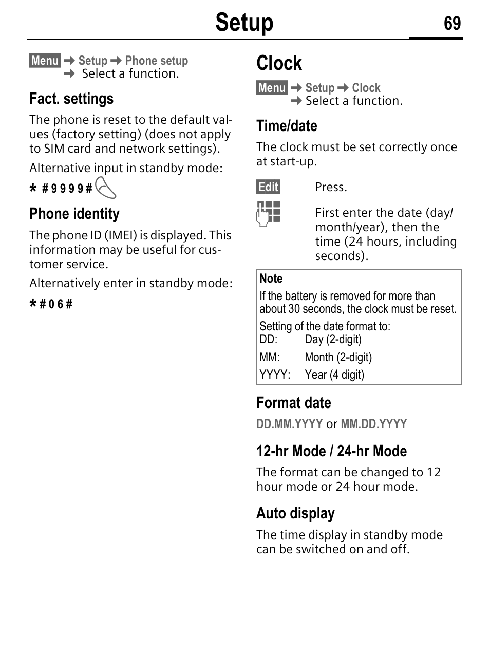 Setup, Clock | Siemens C56 User Manual | Page 70 / 114