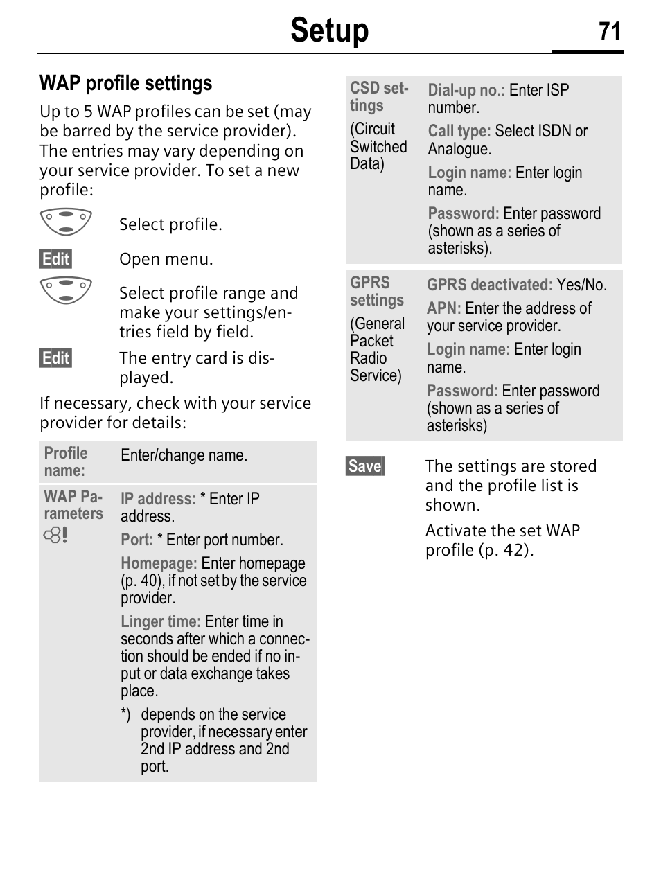 Setup, Wap profile settings | Siemens C56 User Manual | Page 72 / 114
