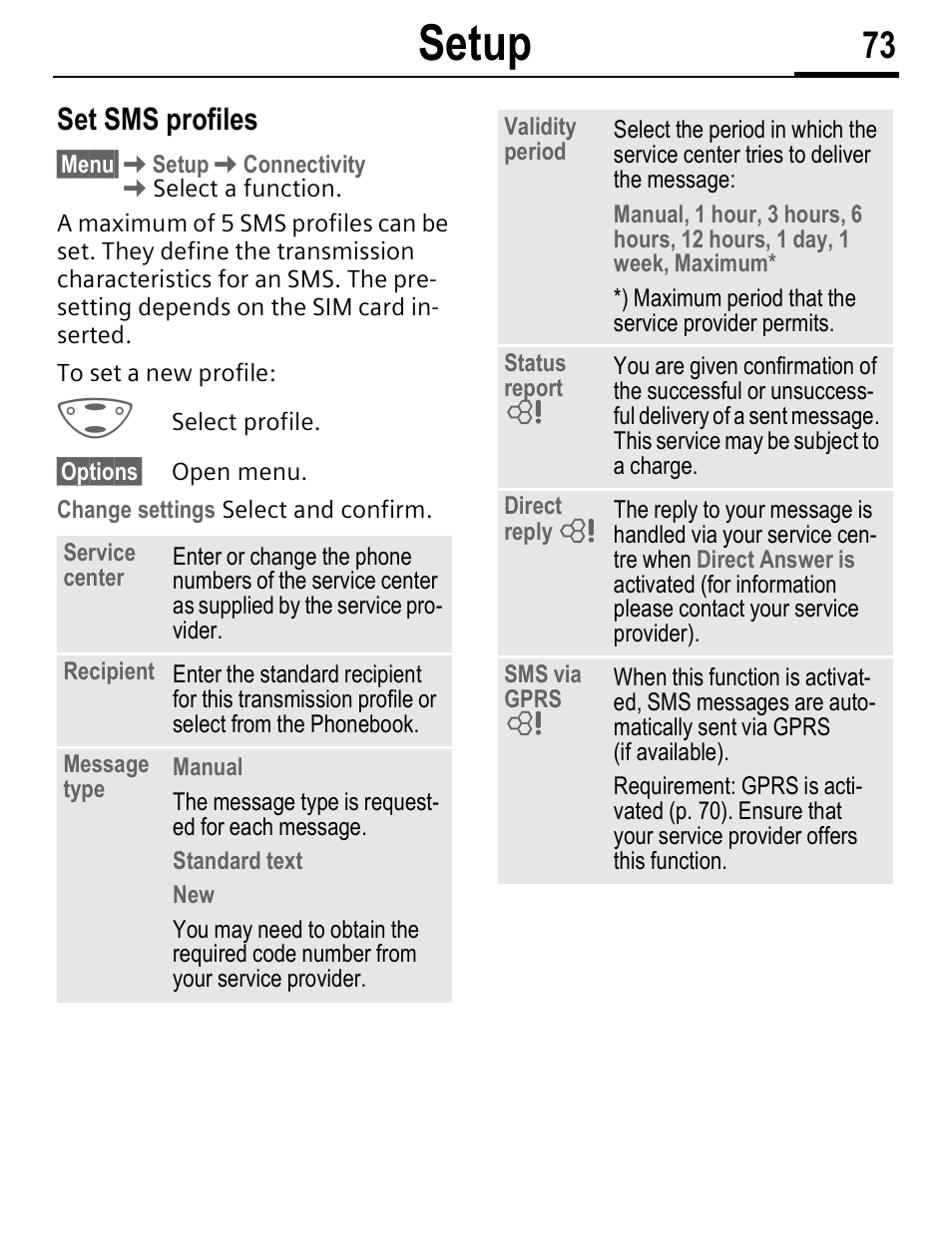 Setup, Set sms profiles | Siemens C56 User Manual | Page 74 / 114