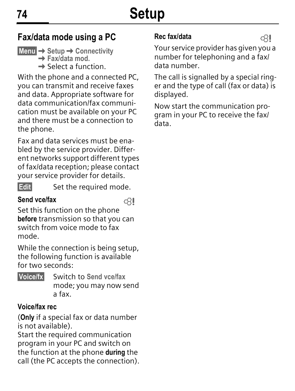 Setup, Fax/data mode using a pc | Siemens C56 User Manual | Page 75 / 114