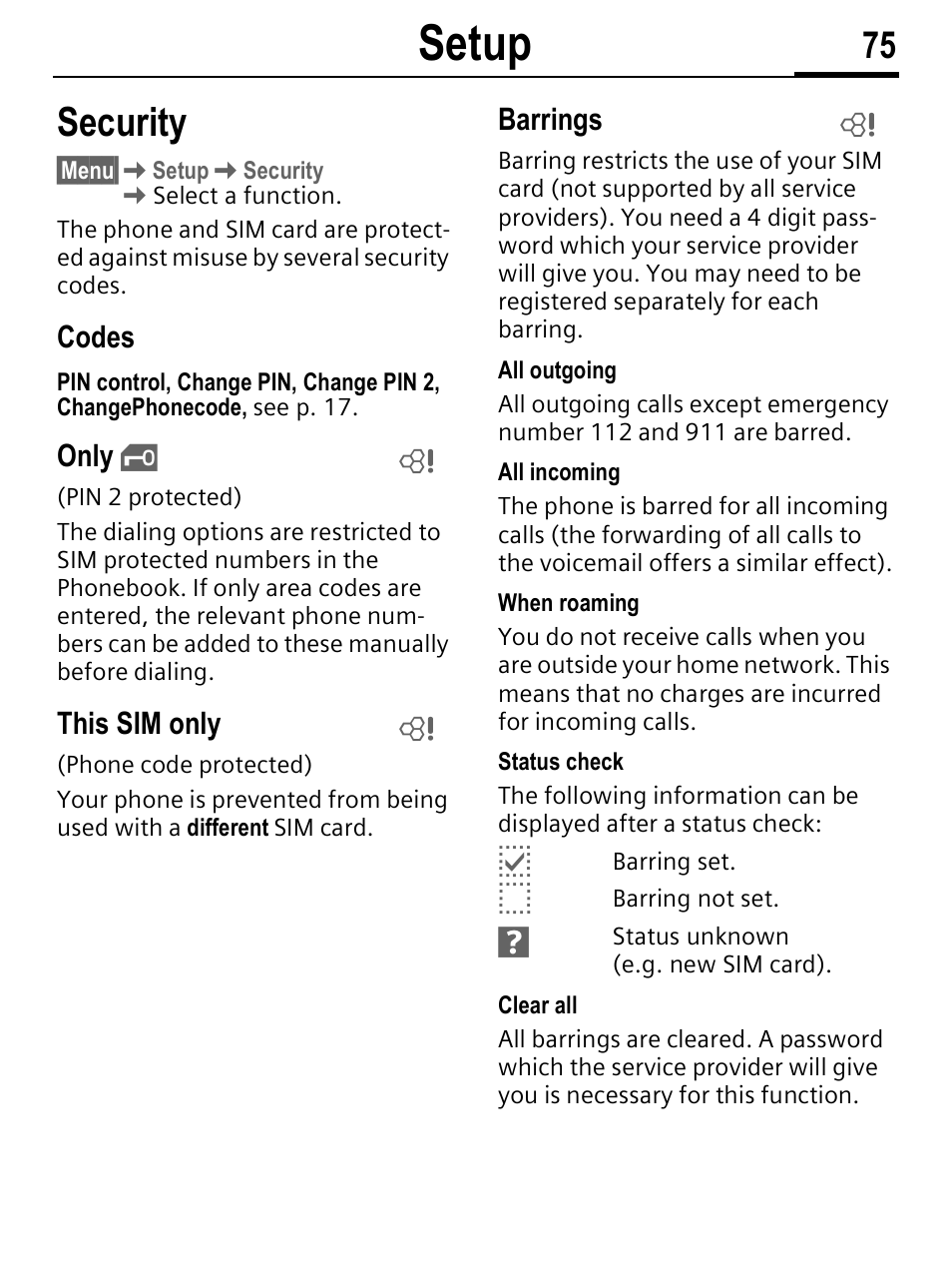 Setup, Security | Siemens C56 User Manual | Page 76 / 114