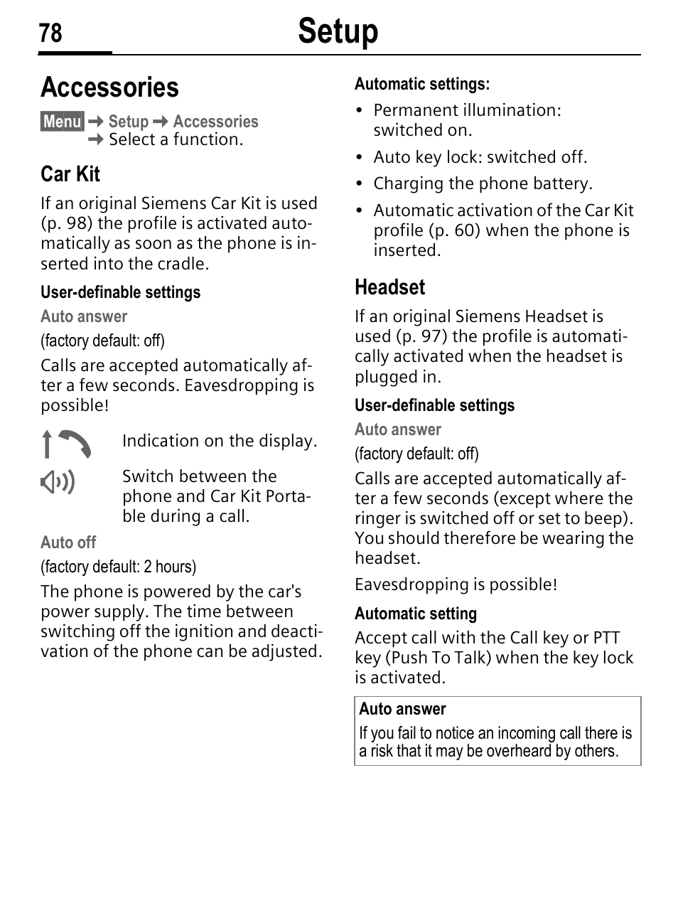 Setup, Accessories, Car kit | Headset | Siemens C56 User Manual | Page 79 / 114