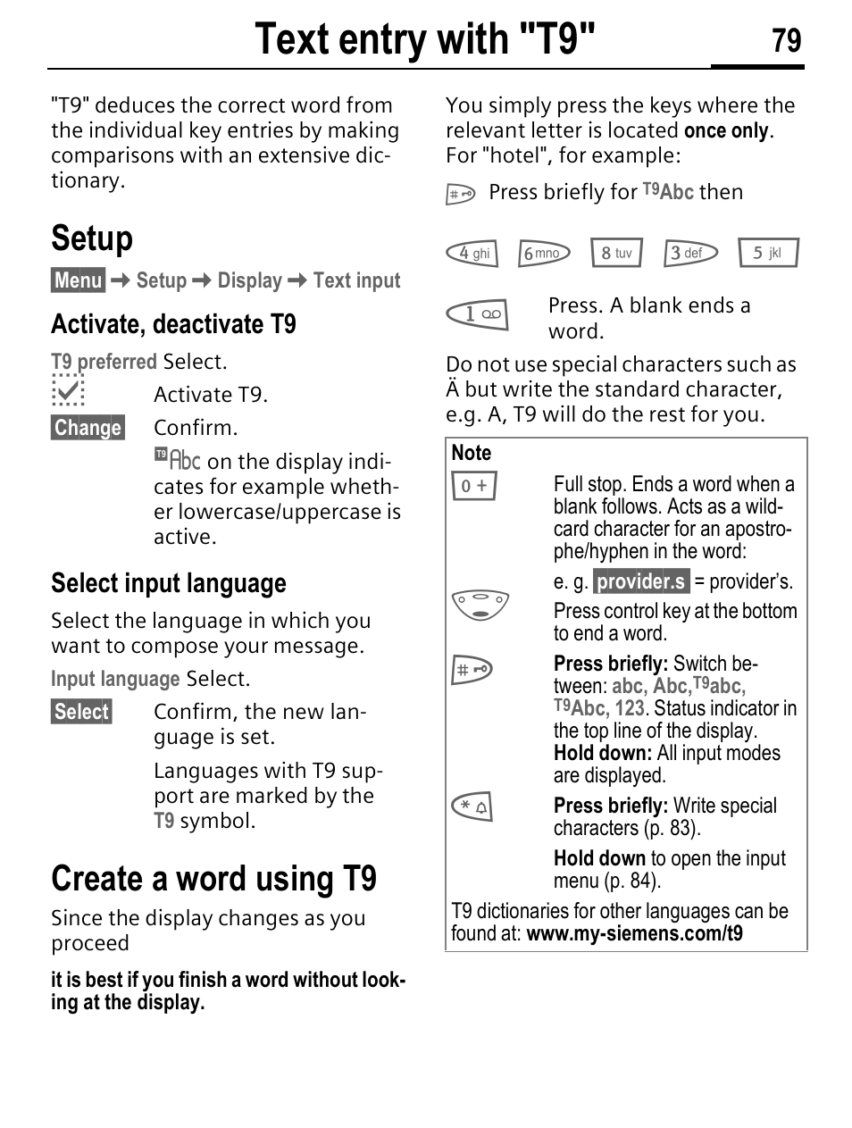 Text entry with "t9, Setup, Create a word using t9 | Activate, deactivate t9, Select input language | Siemens C56 User Manual | Page 80 / 114