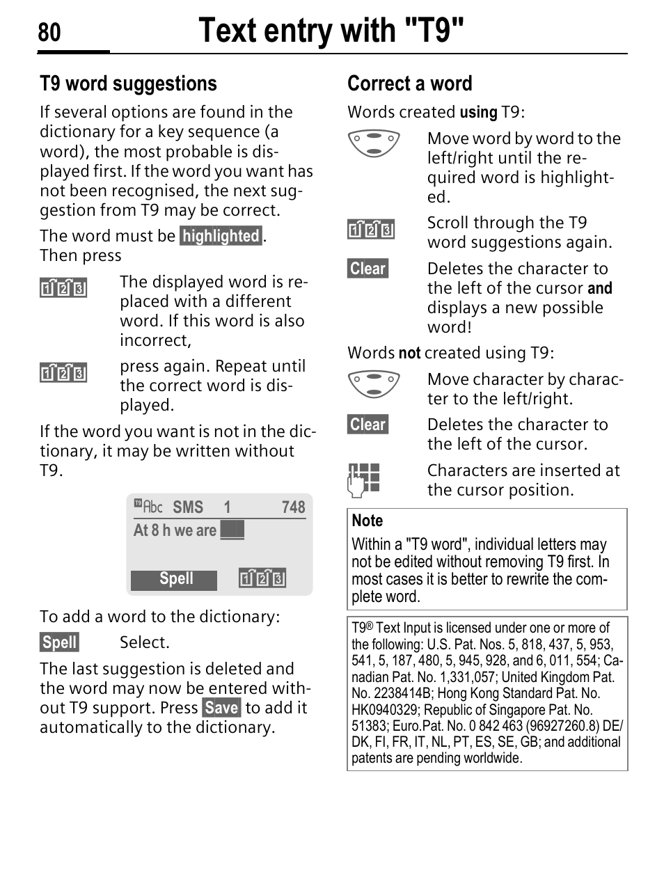 Text entry with "t9, T9 word suggestions, Correct a word | Siemens C56 User Manual | Page 81 / 114