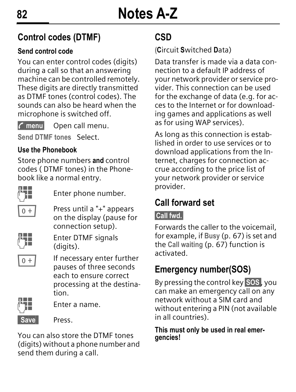 Control codes (dtmf), Call forward set, Emergency number(sos) | Siemens C56 User Manual | Page 83 / 114