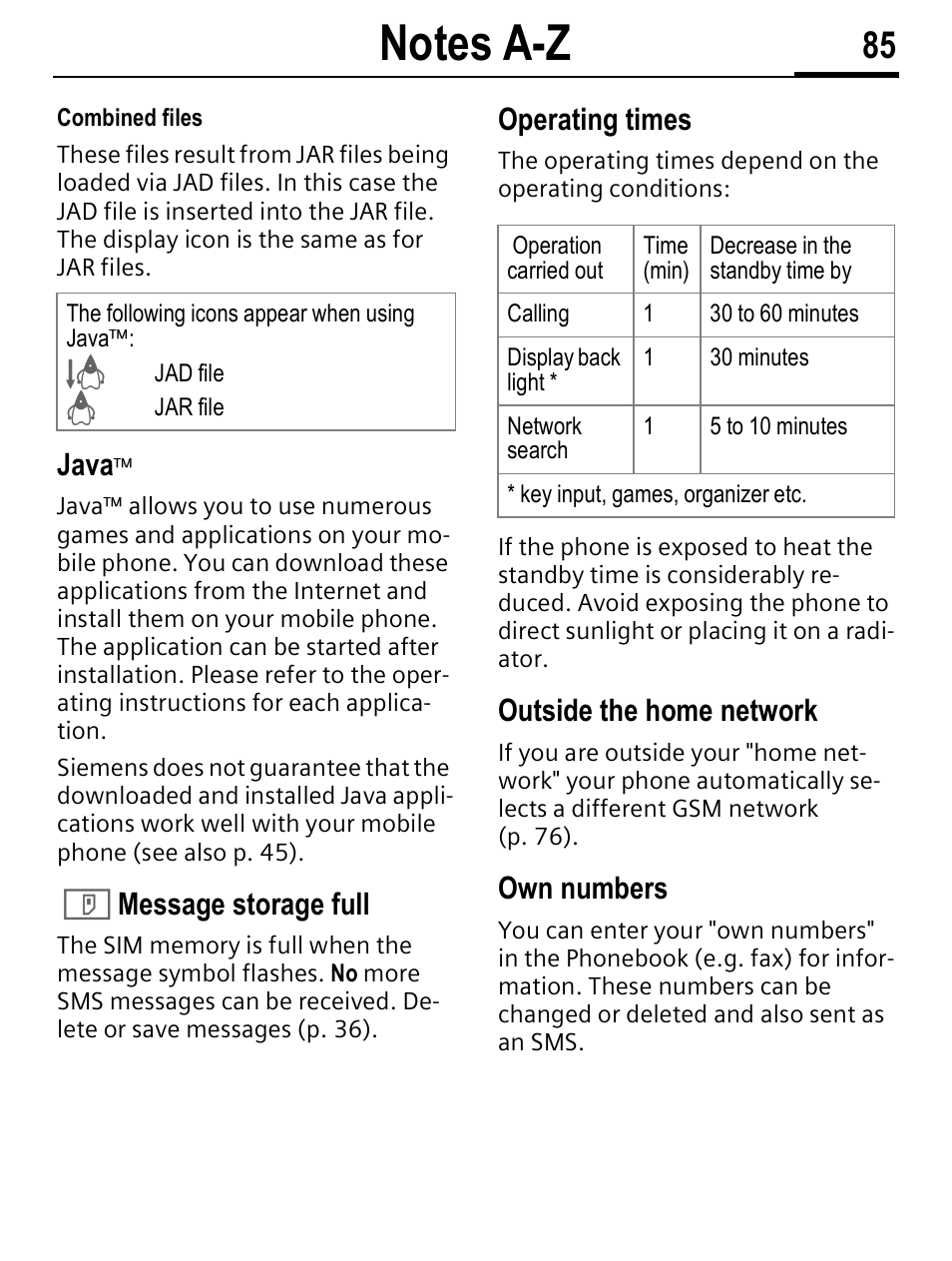 Java, Message storage full, Operating times | Outside the home network, Own numbers | Siemens C56 User Manual | Page 86 / 114