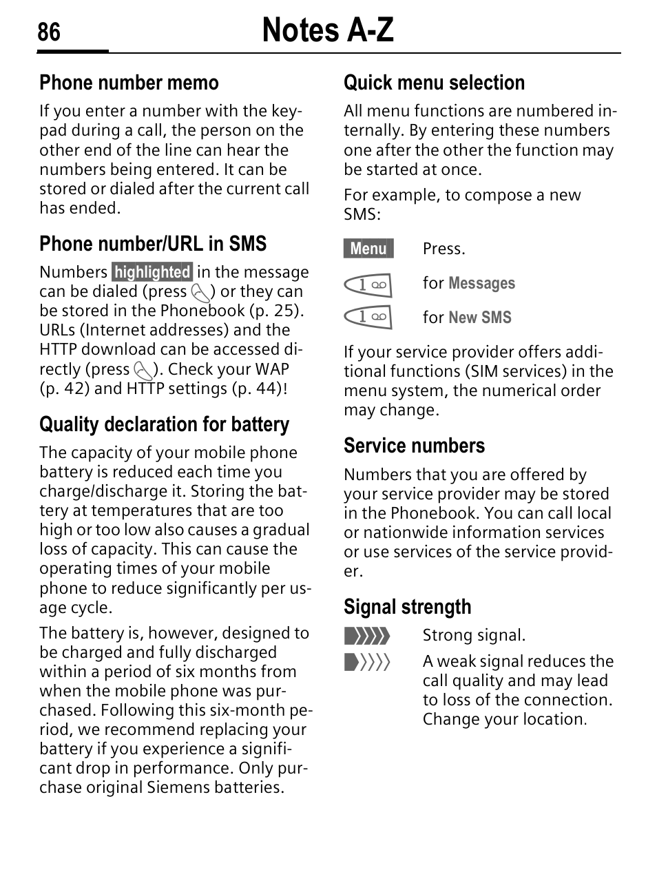 Phone number/url in sms, Quality declaration for battery, Quick menu selection | Service numbers, Signal strength | Siemens C56 User Manual | Page 87 / 114