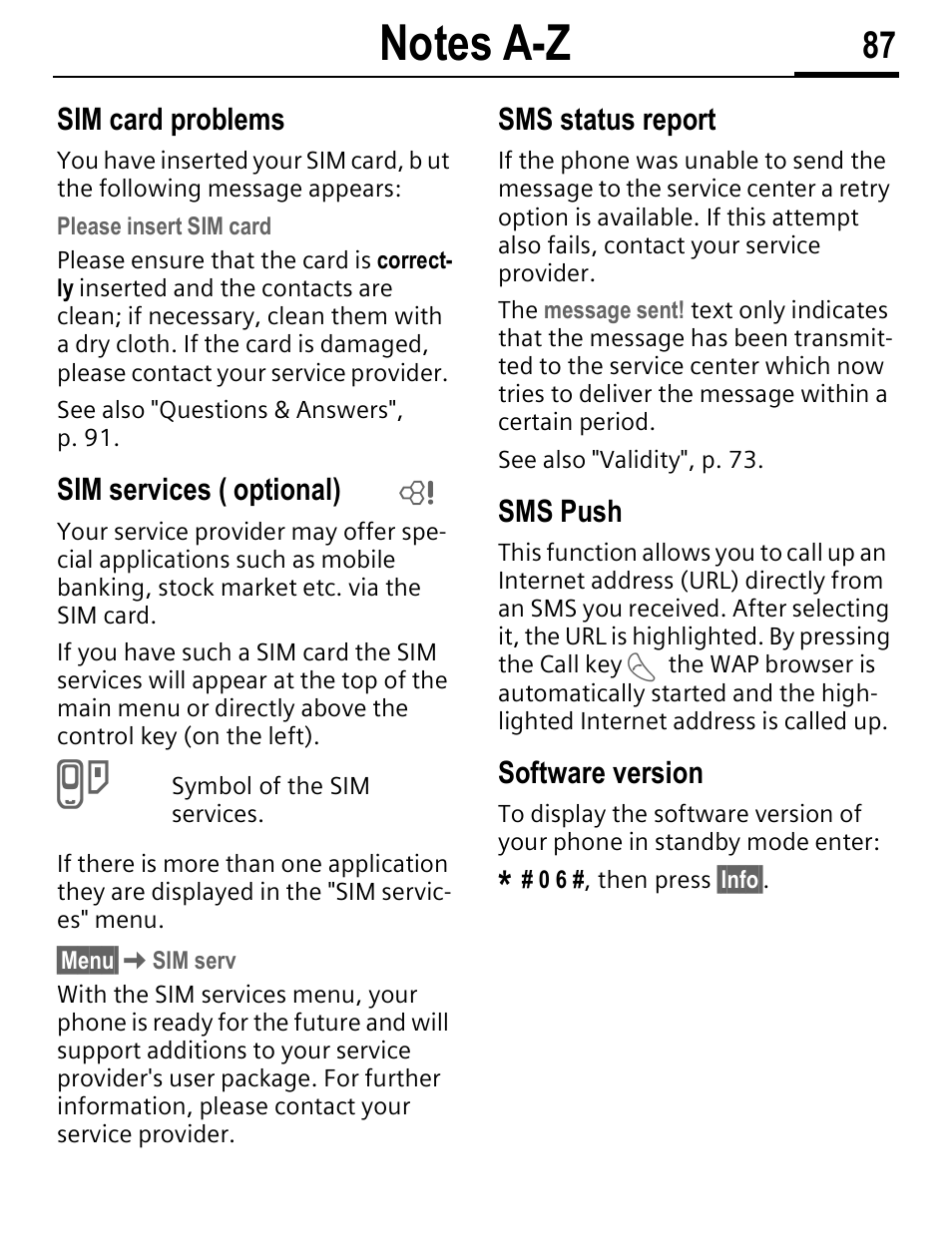 Sim card problems, Sim services ( optional), Sms status report | Sms push, Software version | Siemens C56 User Manual | Page 88 / 114