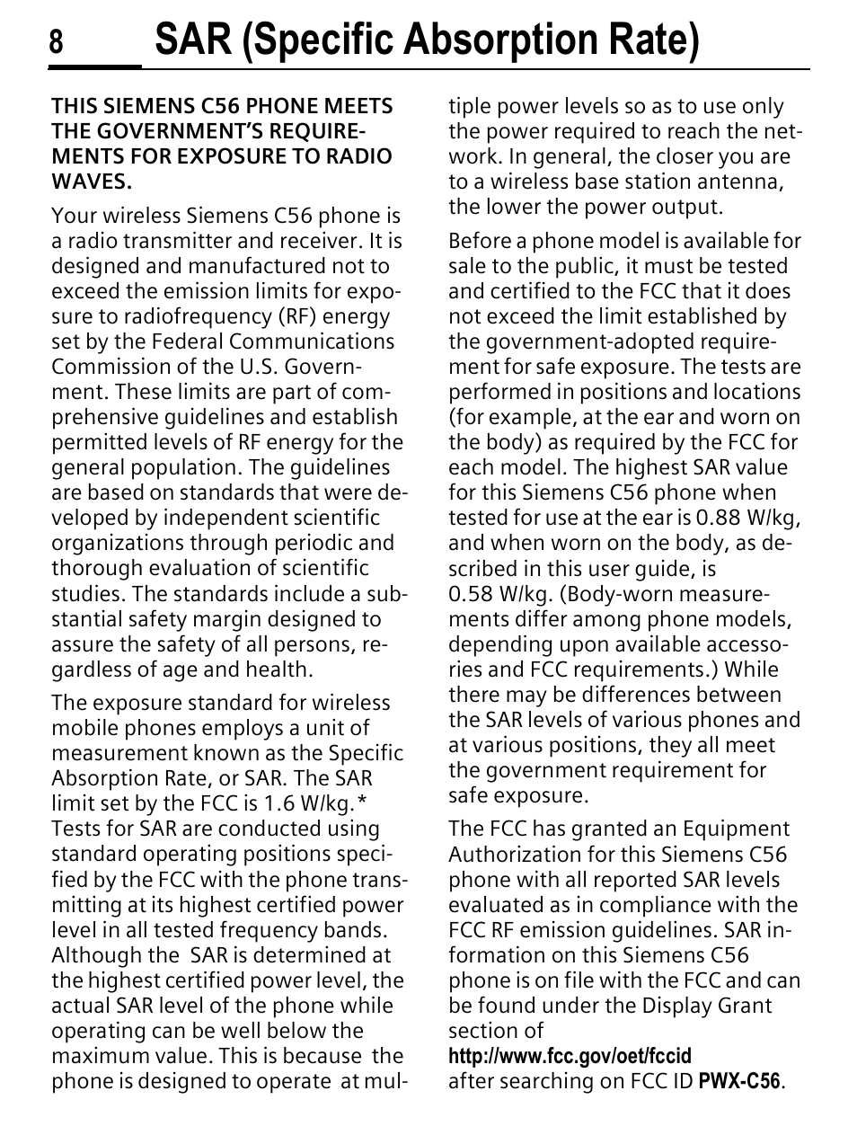 Sar (specific absorption rate) | Siemens C56 User Manual | Page 9 / 114