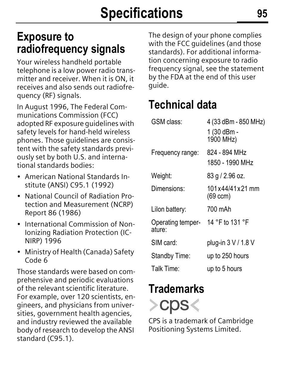 Specifications, Exposure to radiofrequency signals, Technical data trademarks | Siemens C56 User Manual | Page 96 / 114