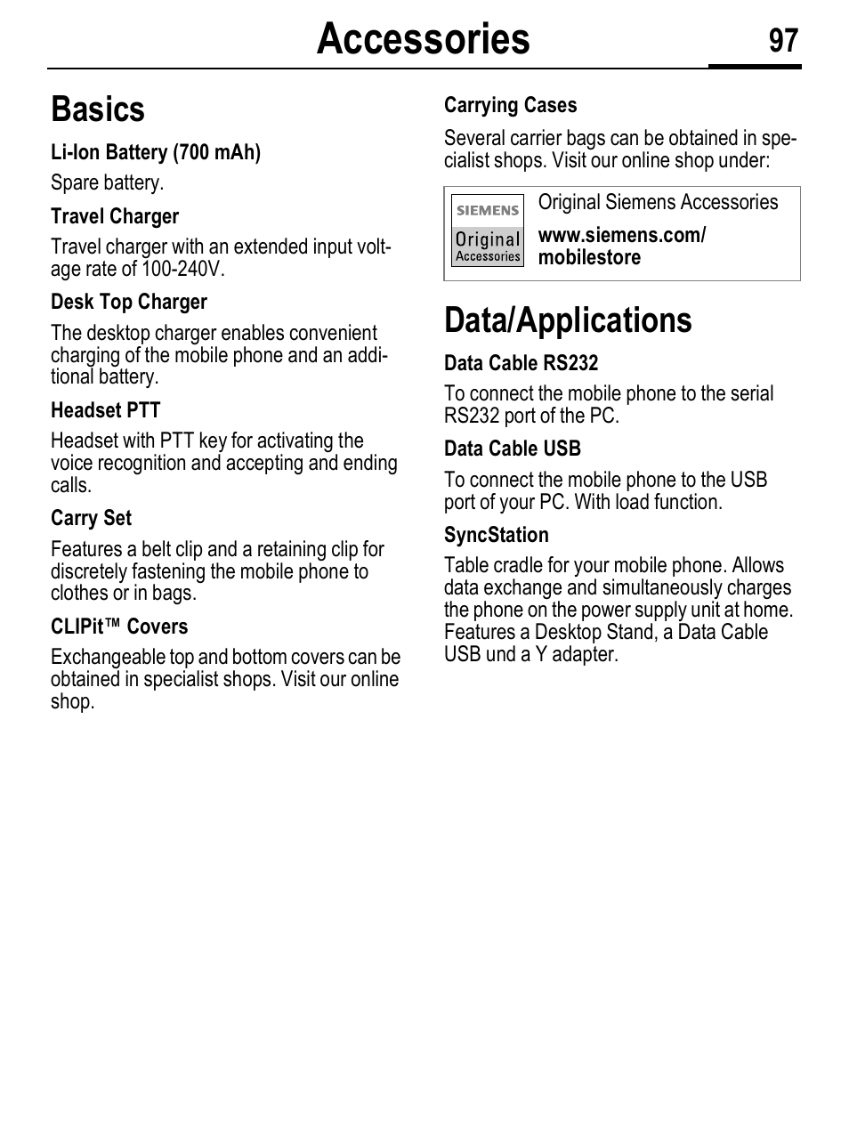 Accessories, Basics, Data/applications | Siemens C56 User Manual | Page 98 / 114