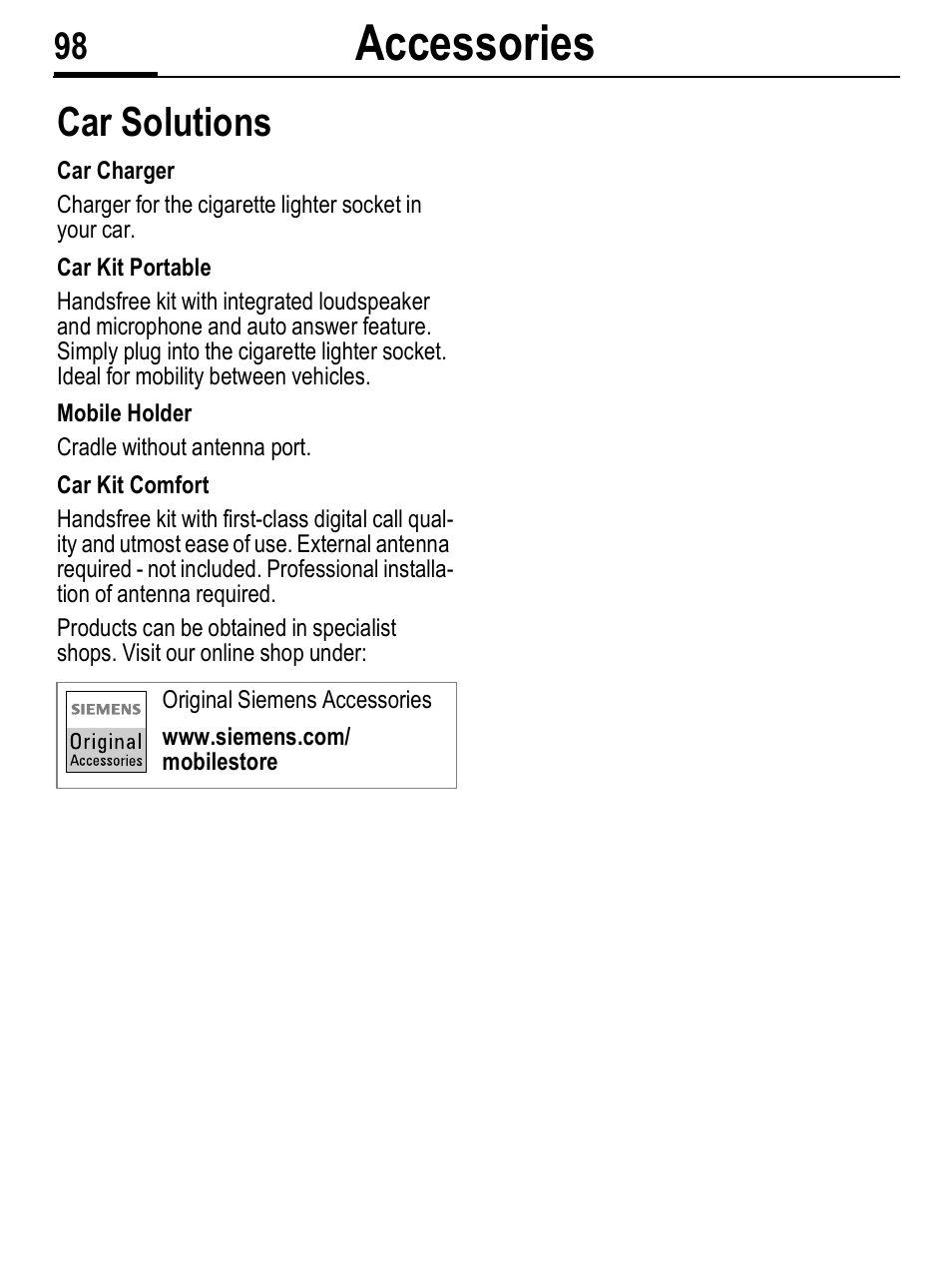 Accessories, Car solutions | Siemens C56 User Manual | Page 99 / 114