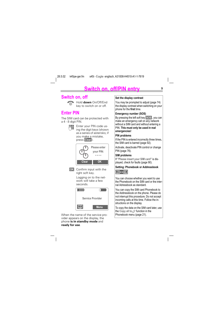 Switch on, off/pin entry, Switch on, off, Enter pin | Siemens S45i User Manual | Page 10 / 110