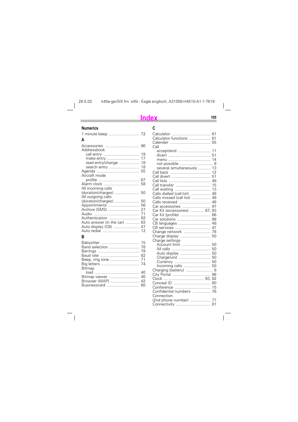 Index | Siemens S45i User Manual | Page 106 / 110