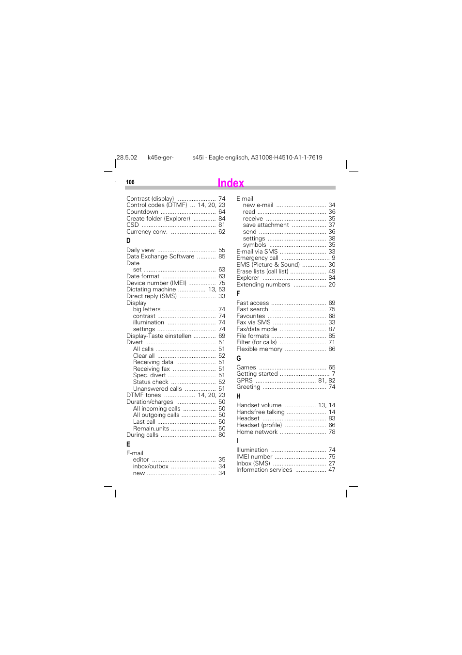 Index | Siemens S45i User Manual | Page 107 / 110