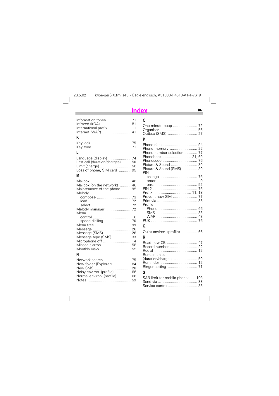 Index | Siemens S45i User Manual | Page 108 / 110