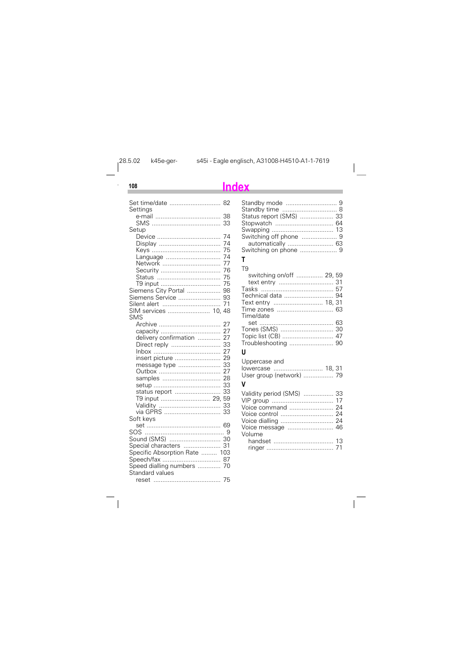 Index | Siemens S45i User Manual | Page 109 / 110