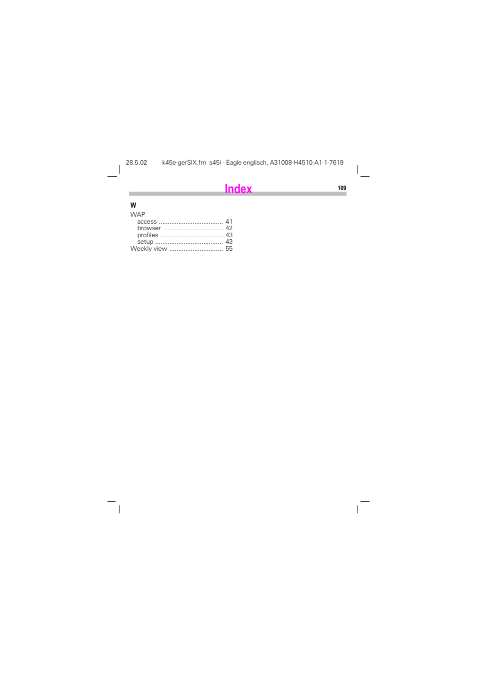 Index | Siemens S45i User Manual | Page 110 / 110