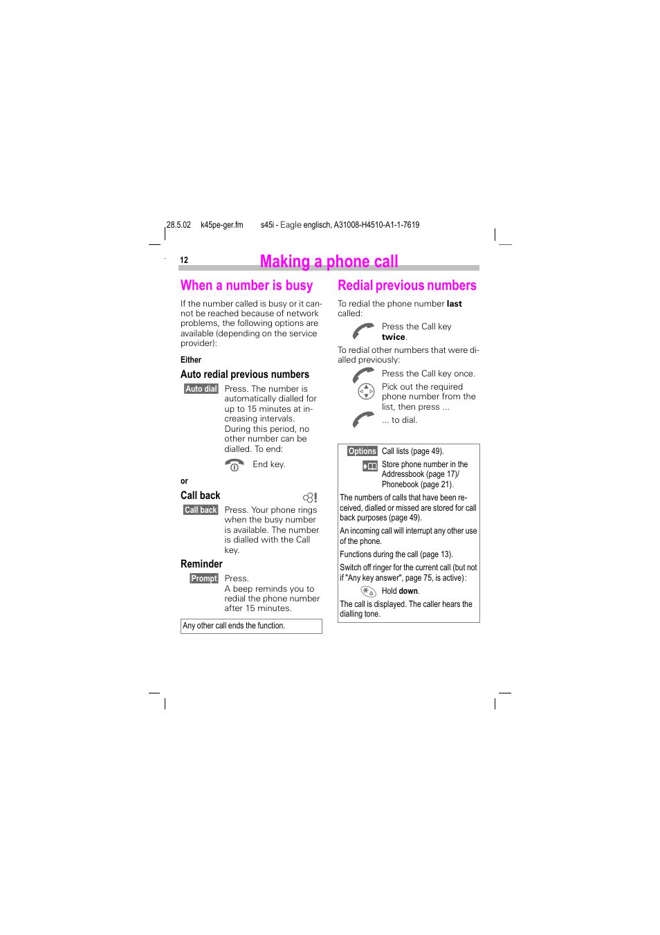 When a number is busy, Redial previous numbers, When a number is busy redial previous numbers | Making a phone call | Siemens S45i User Manual | Page 13 / 110