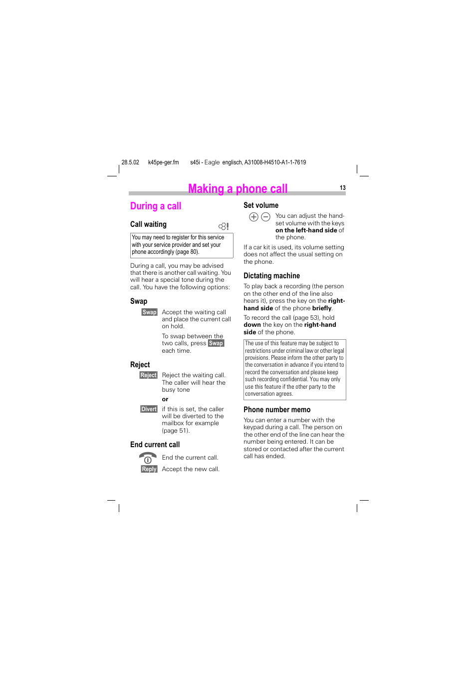 During a call, Making a phone call | Siemens S45i User Manual | Page 14 / 110