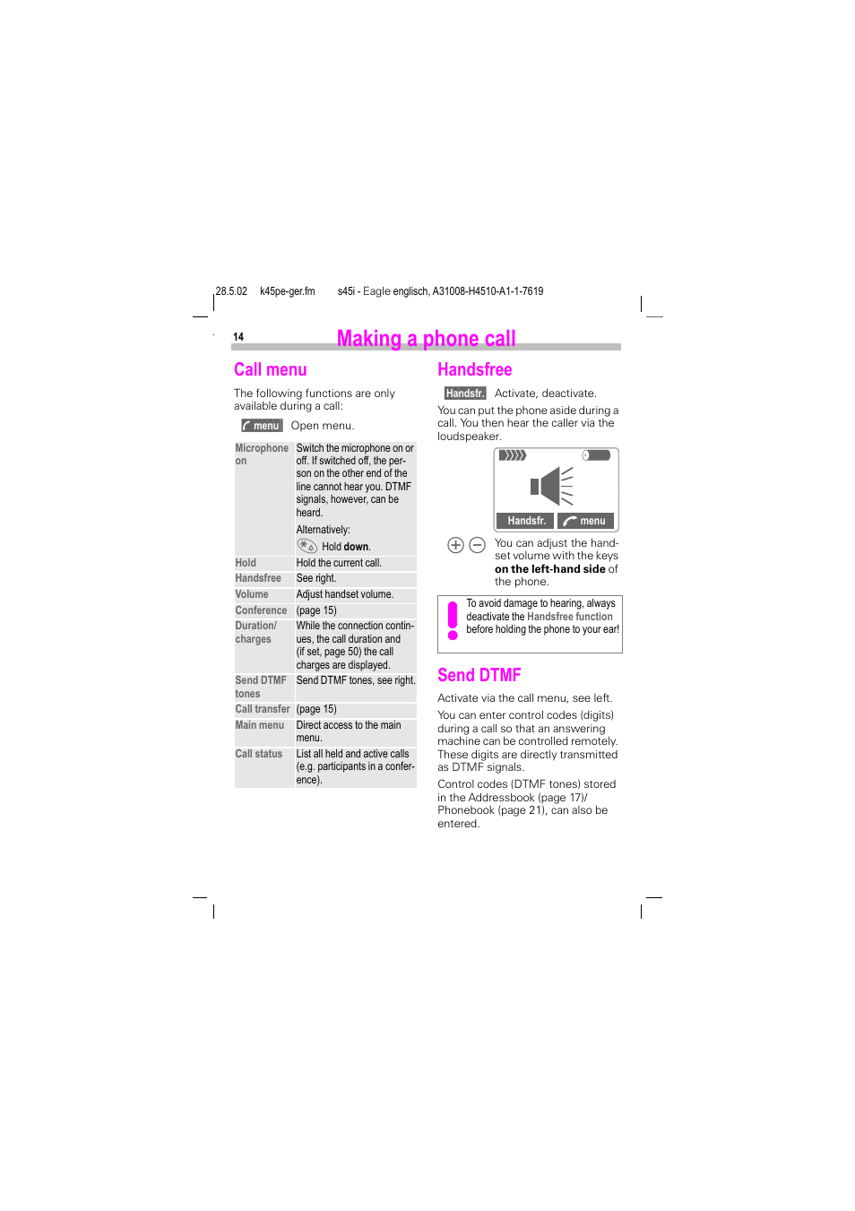 Handsfree, Send dtmf, Handsfree send dtmf | Making a phone call, Call menu | Siemens S45i User Manual | Page 15 / 110