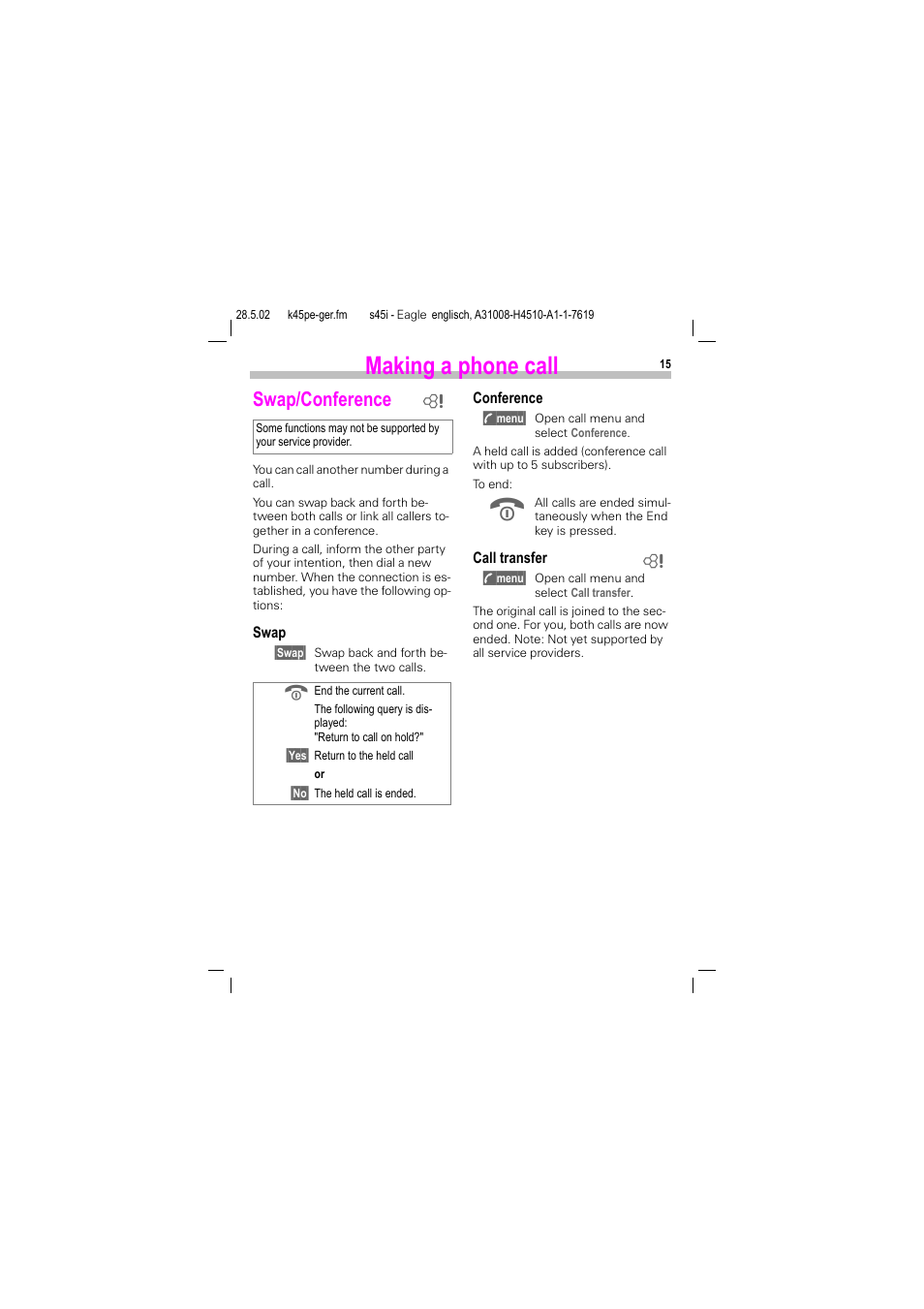 Swap/conference, Making a phone call | Siemens S45i User Manual | Page 16 / 110