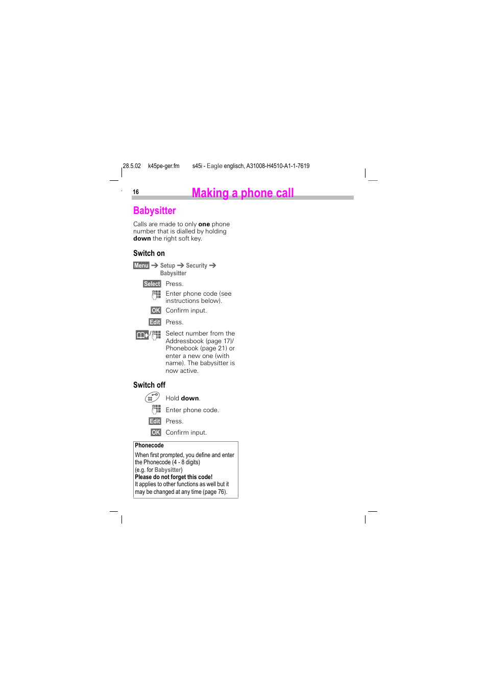 Babysitter, Making a phone call | Siemens S45i User Manual | Page 17 / 110