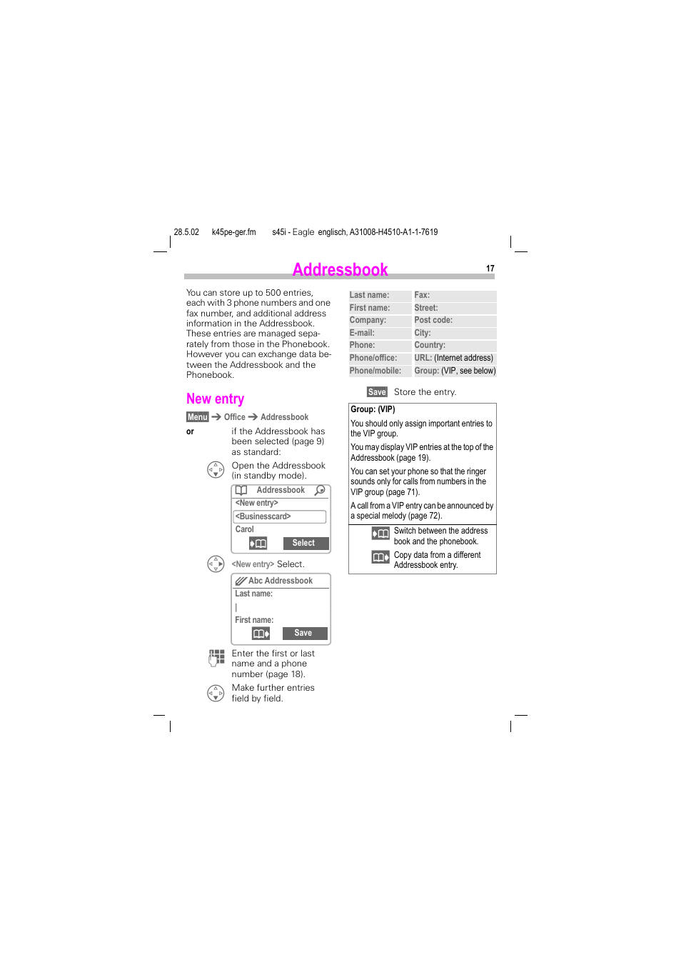 Addressbook, New entry | Siemens S45i User Manual | Page 18 / 110