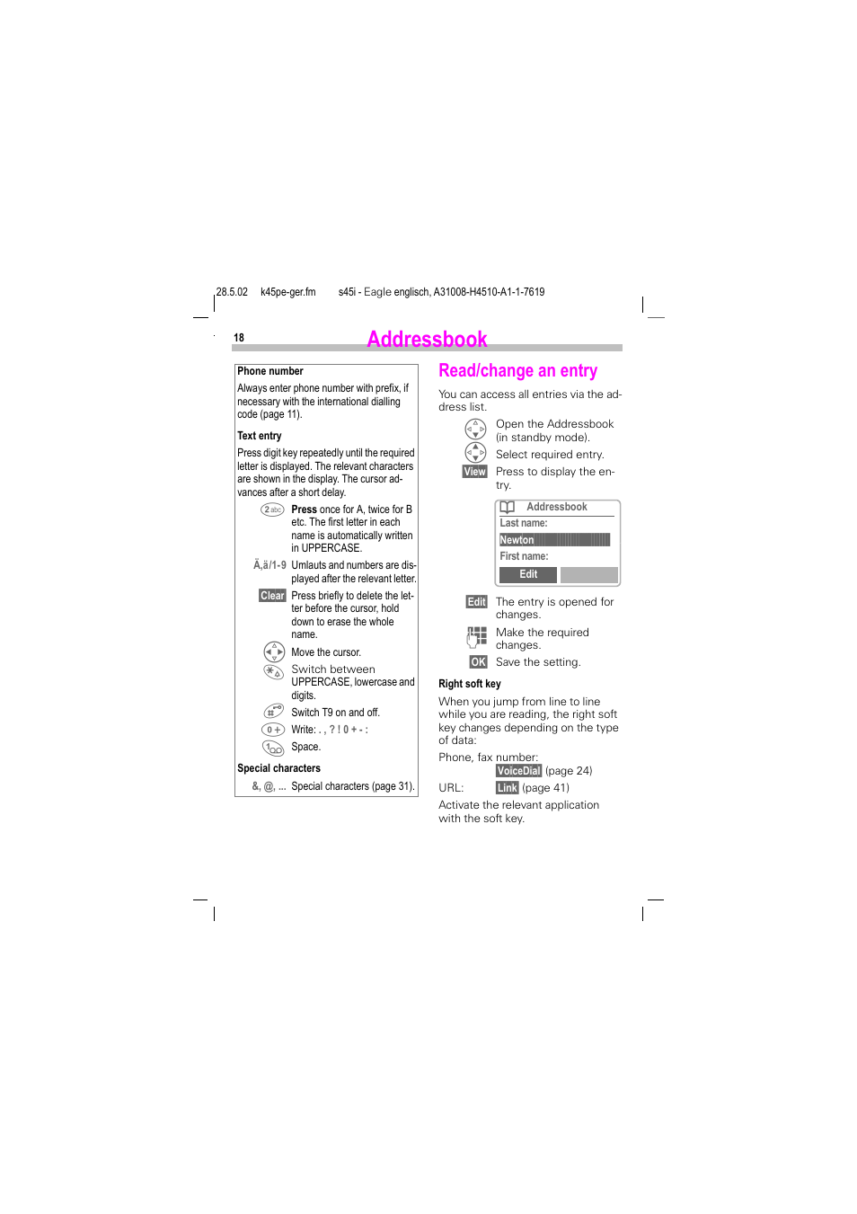 Read/change an entry, Addressbook | Siemens S45i User Manual | Page 19 / 110